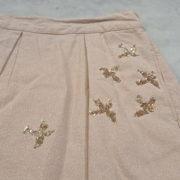 Anthropologie Leif Notes Gold Sequin Birds Along Pleated‎ Lined Mini Skirt Sz 10 - Picture 1 of 9